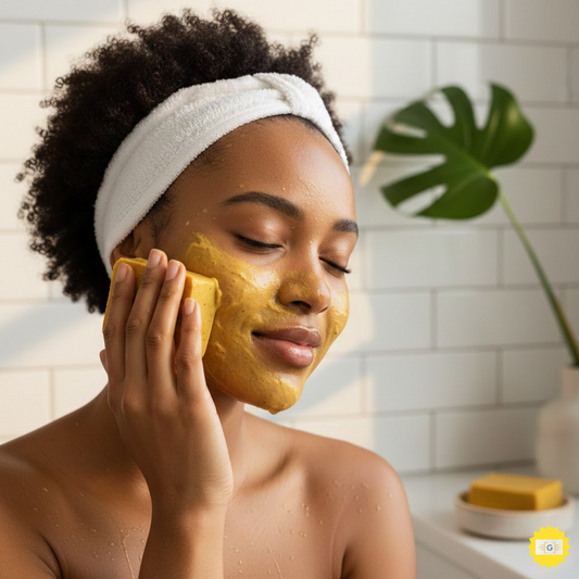 Woman using turmeric soap on her face