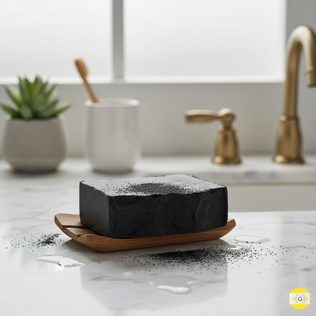 a bar of Charcoal Soap for Eczema on a wooden soap dish