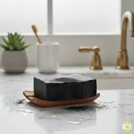 a bar of Charcoal Soap for Eczema on a wooden soap dish