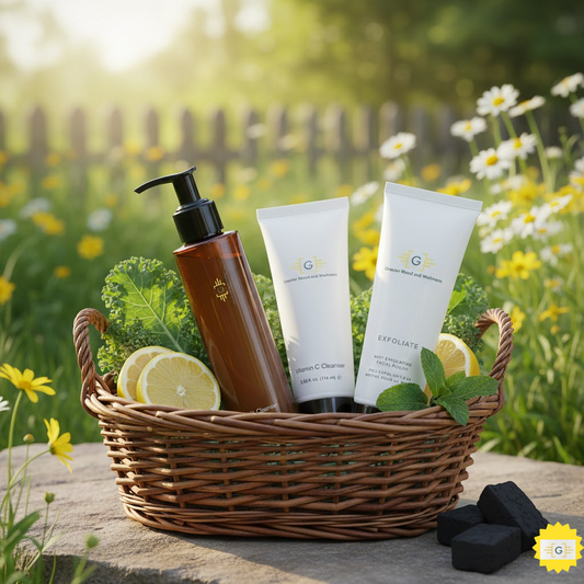 Image of Greater Mood skincare products  in basket outdoor nature in background