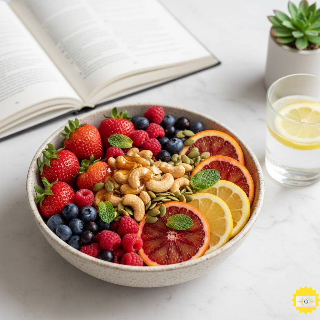 Collagen-Boosting Power Bowl featuring berries, citrus, and nuts