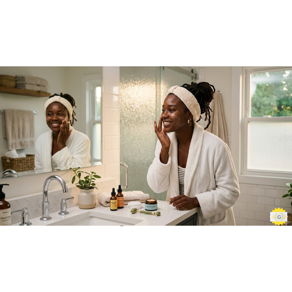 Woman doing Consistent Skincare Routine in bathroom mirror