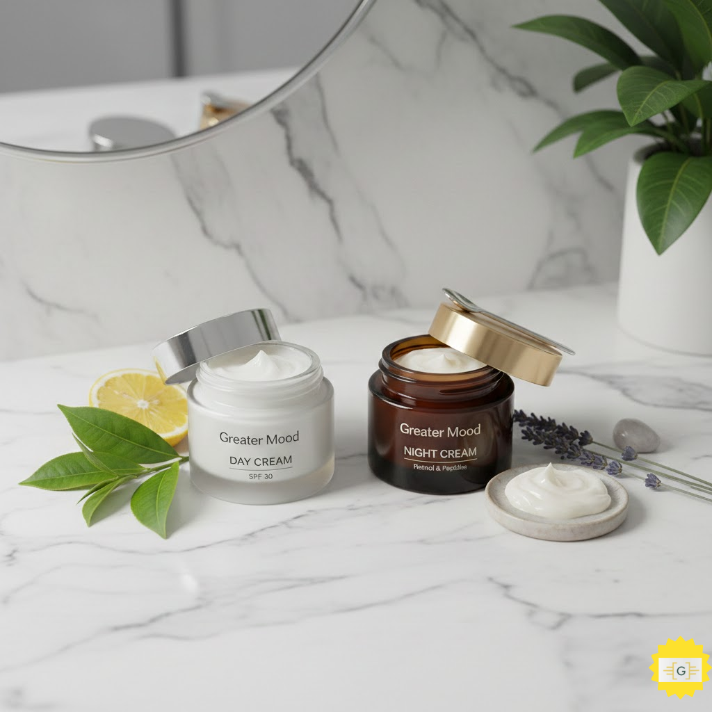 Comparison of a lightweight Greater Mood day cream and a rich, restorative night cream on a bathroom vanity.