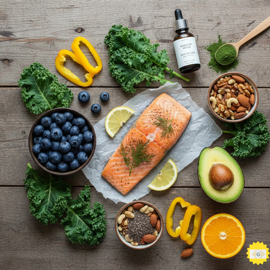 A flat lay of skin-loving superfoods including kale, blueberries, salmon, and avocado on a wooden table