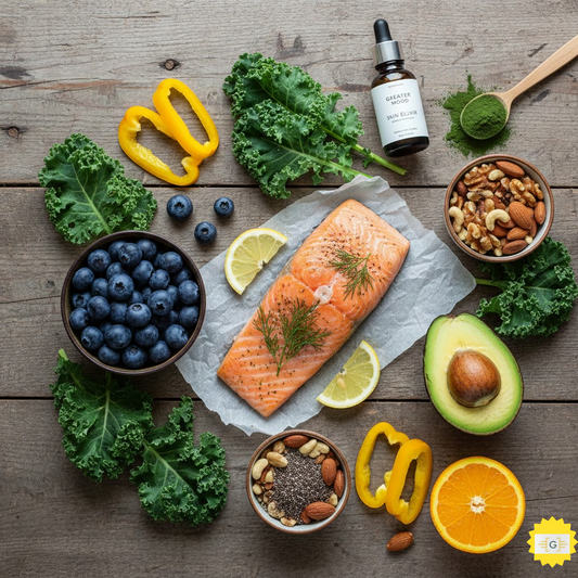 A flat lay of skin-loving superfoods including kale, blueberries, salmon, and avocado on a wooden table