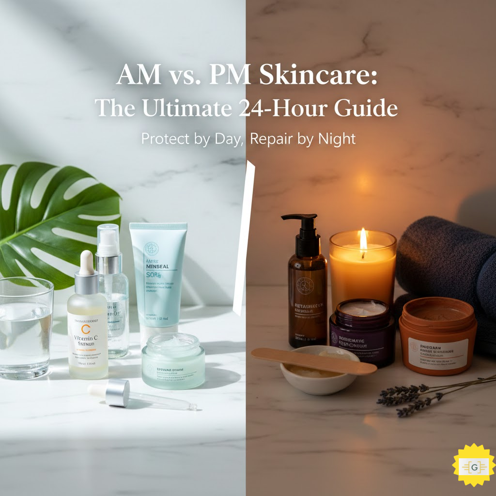 Skincare showing the differences between AM and PM skincare