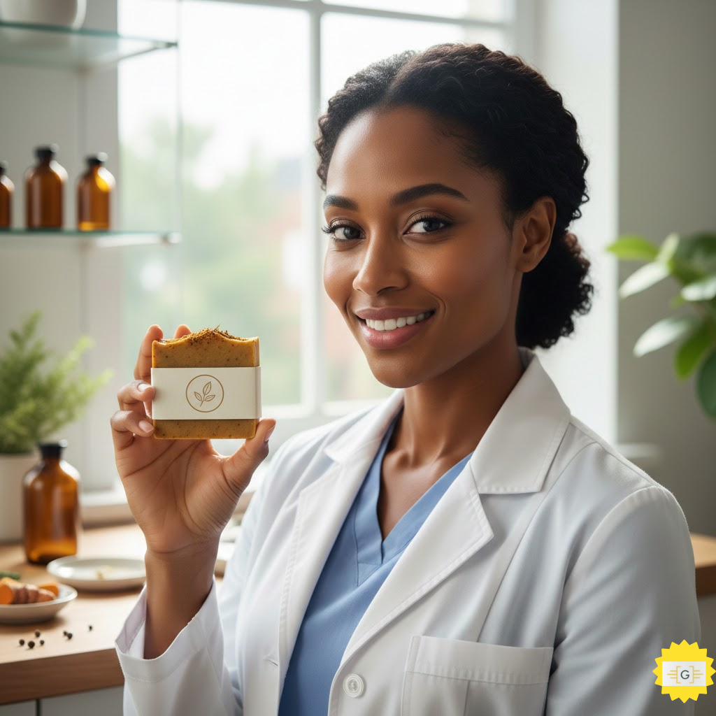 Female doctor with turmeric soap