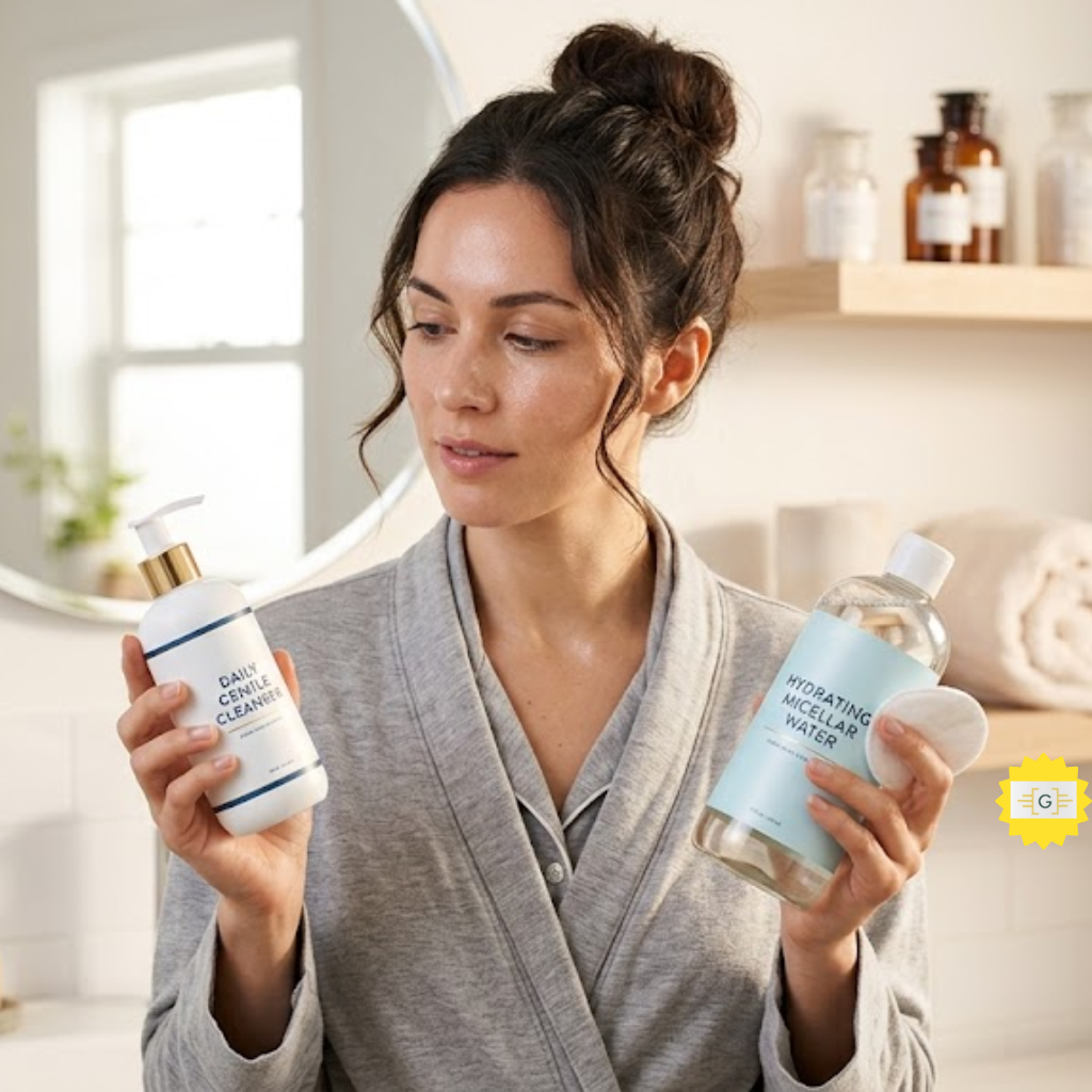 Woman holding skincare products