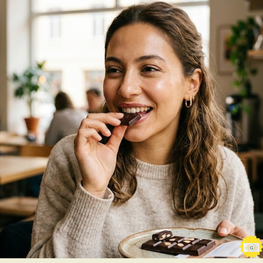 beautiful woman eating chocolate