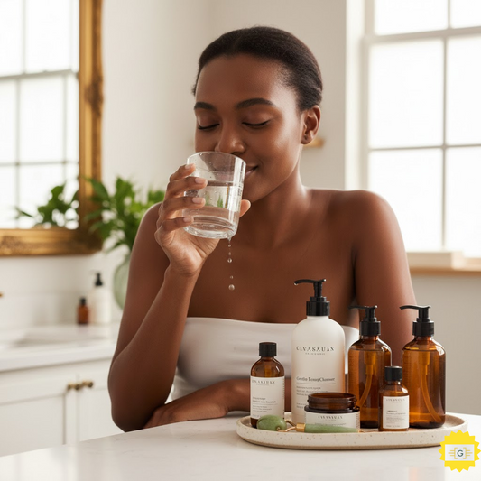 Woman drinking water and with a gentle cleanser and other skincare products in front ona beautiful bathroom countertop