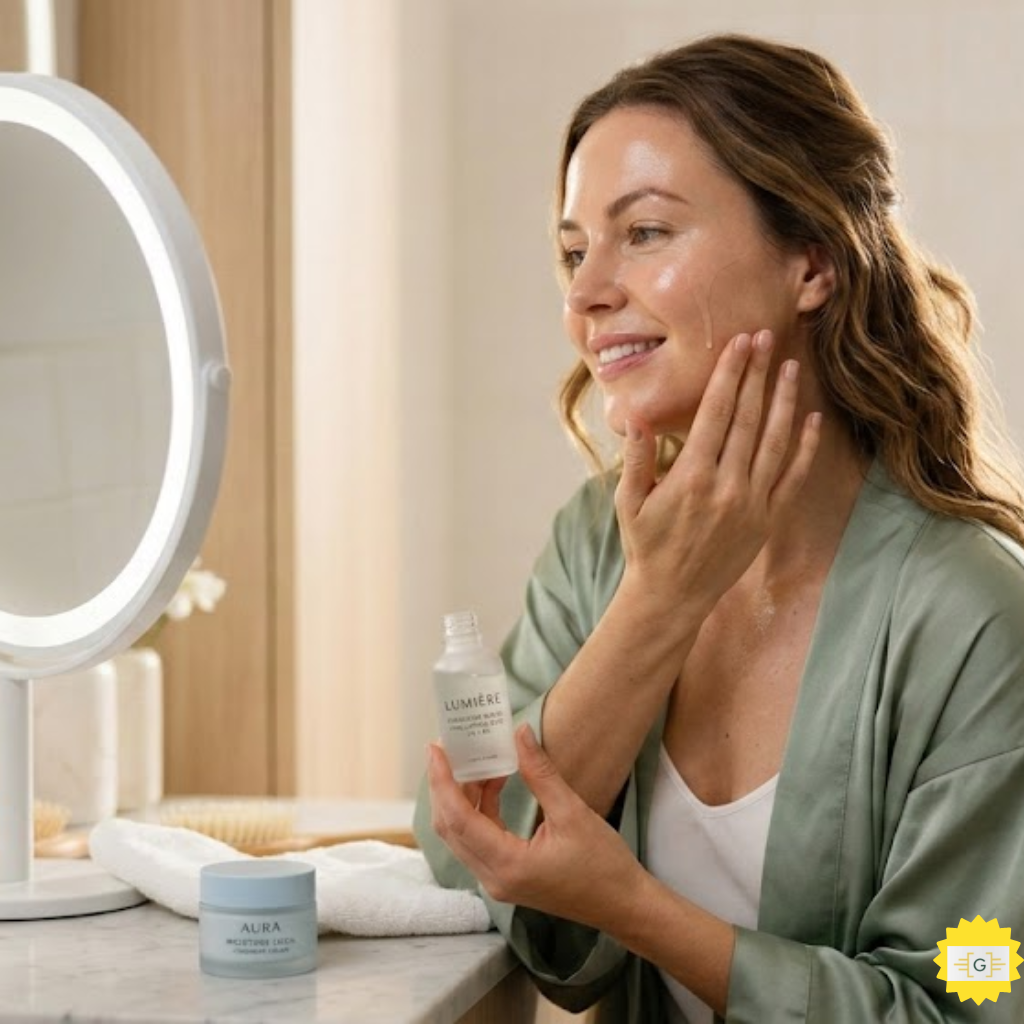 Woman using hyaluronic acid serum and moisturzer