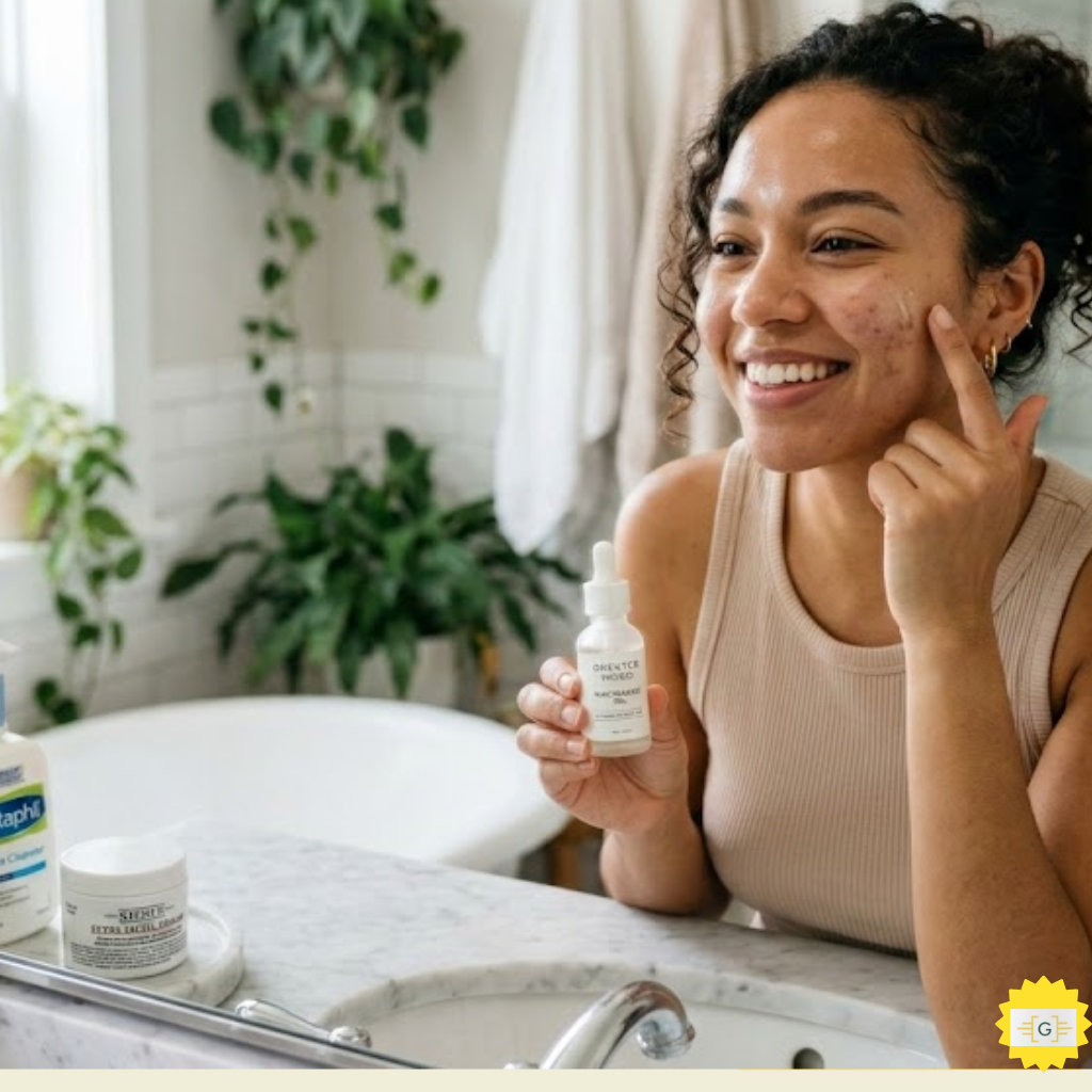 Woman using Greater Mood Niacinamide for Acne Scars
