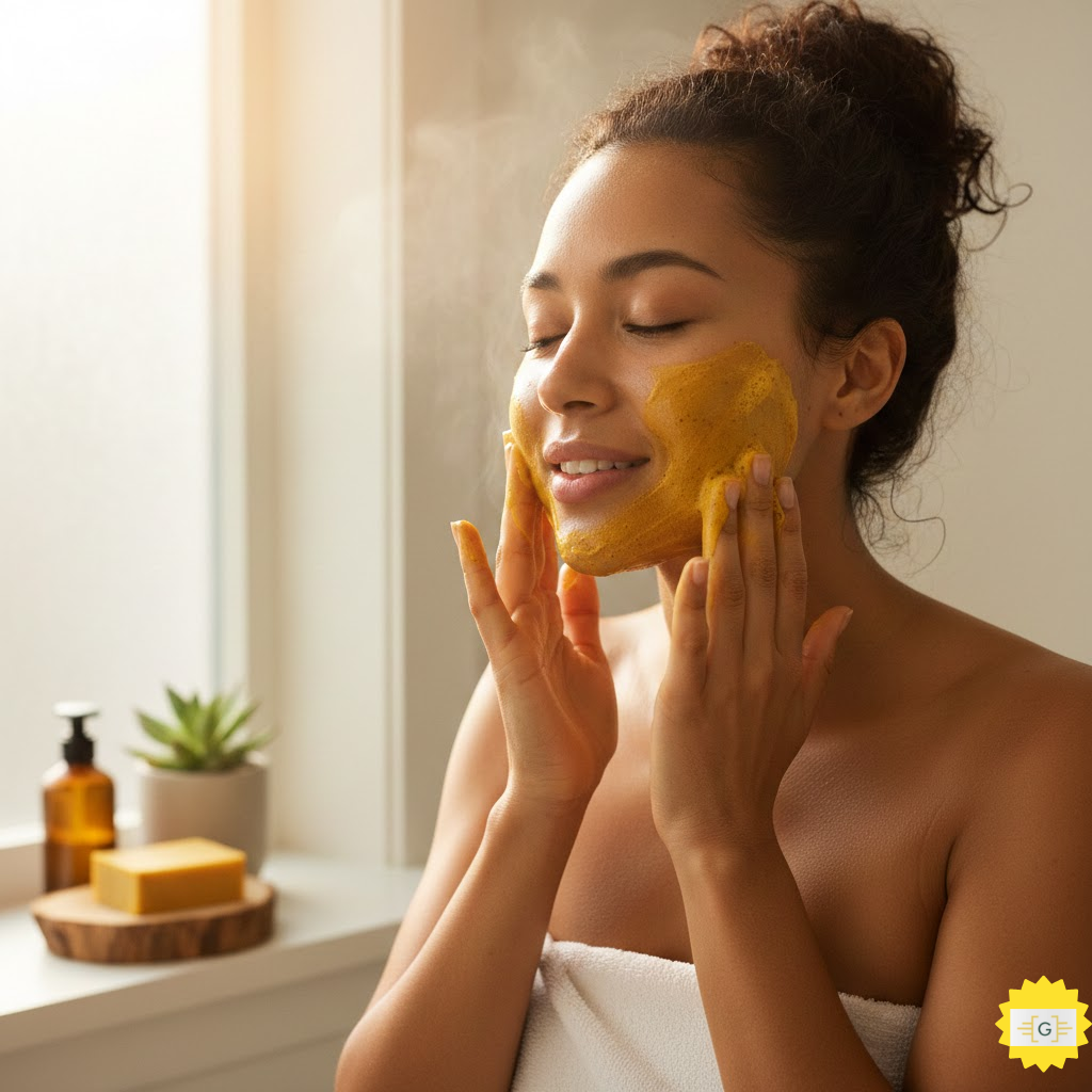 Woman using turmeric soap for skin brightening