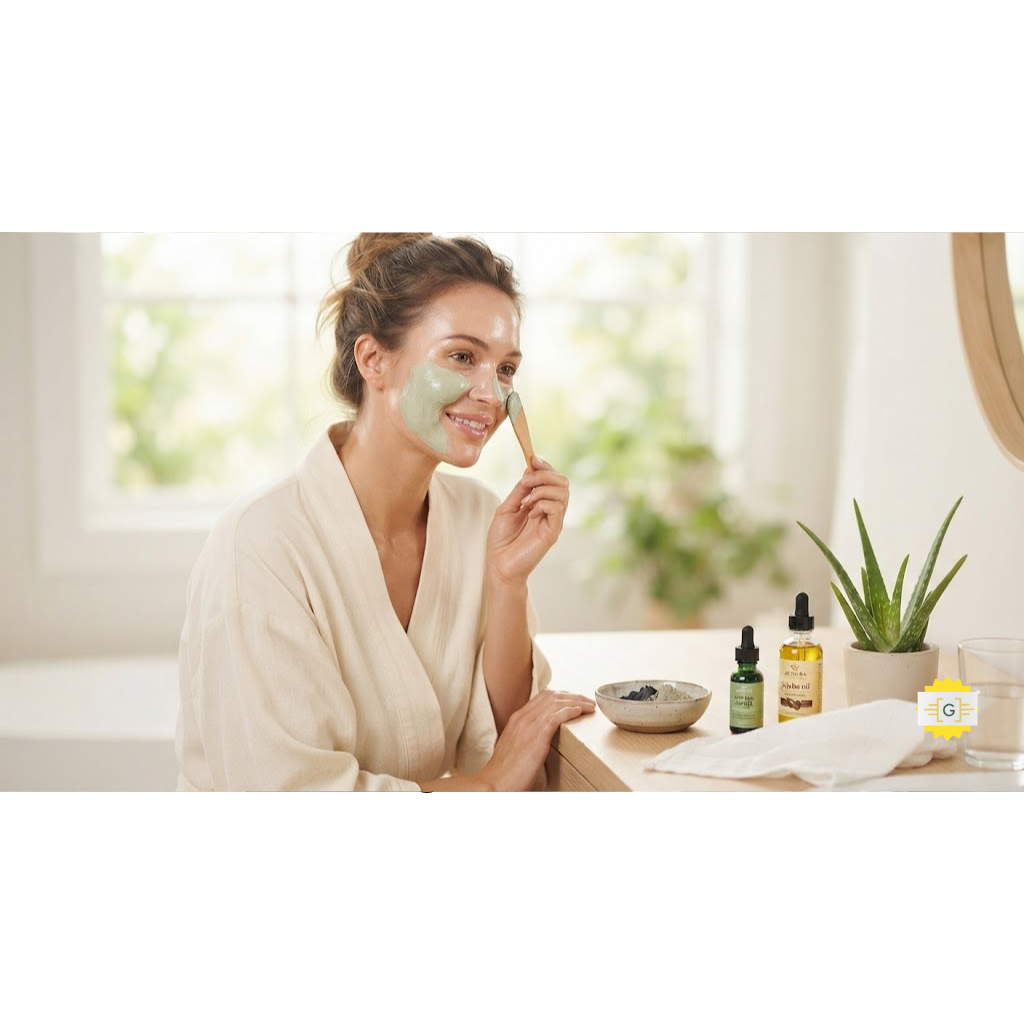 Woman detoxing her face with natural skincare products