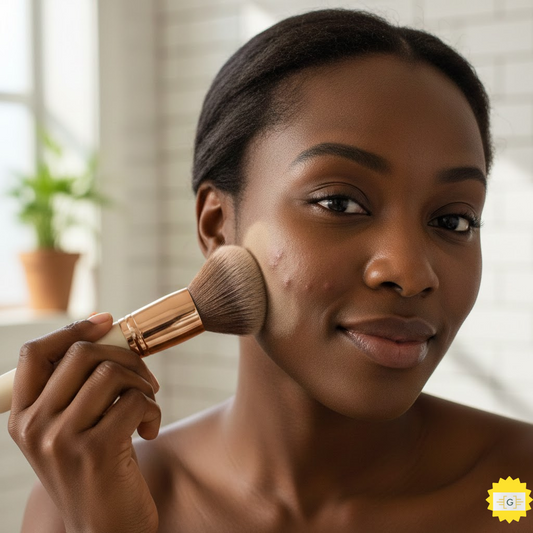 Woman applying mineral powder foundation to acne-prone skin