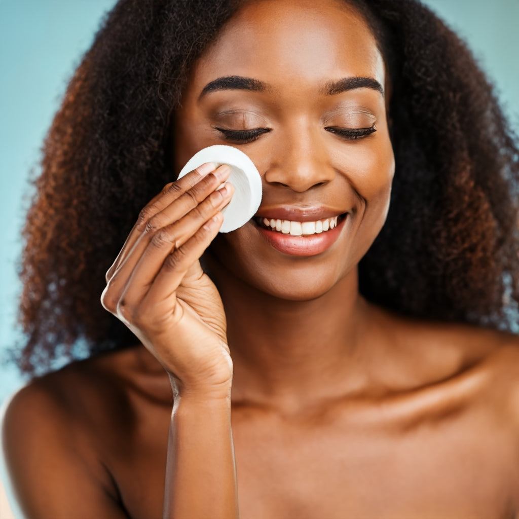 Elegant black woman using makeup remover milk and cotton pad at home for cleansing her skin