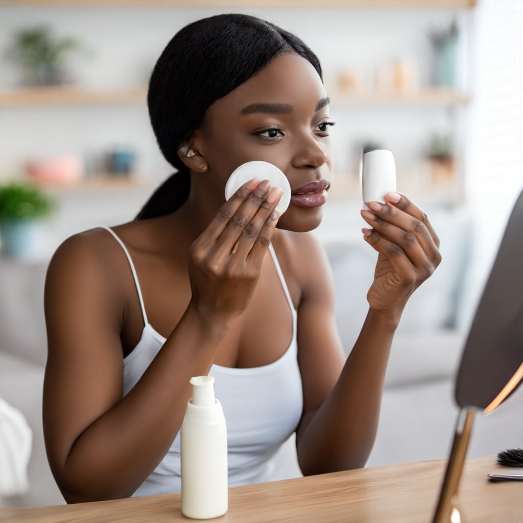 Elegant black woman using makeup remover milk and cotton pad at home