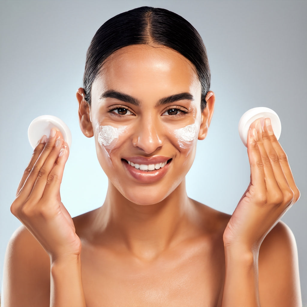 woman with facial sponge in both hands up to face applying Face Exfoliator into her Skincare Regimen