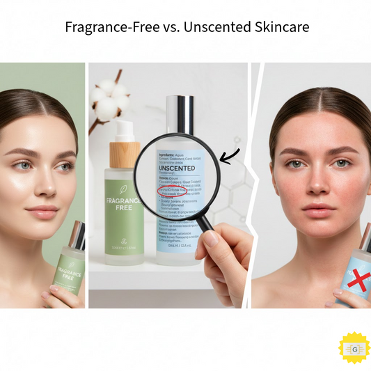 Woman with two skincare products Fragrance-Free vs. Unscented Skincare