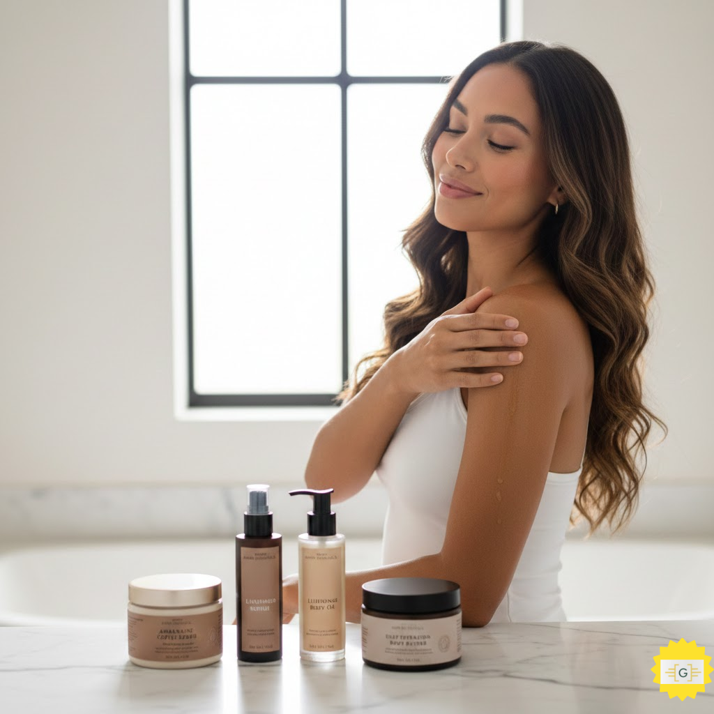 Woman applying full body skincare set