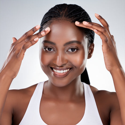 woman with hands on face showing off Glass skin routine