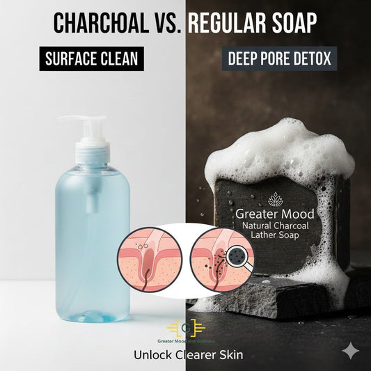 Greater Mood Charcoal soap on right VS regular soap on left