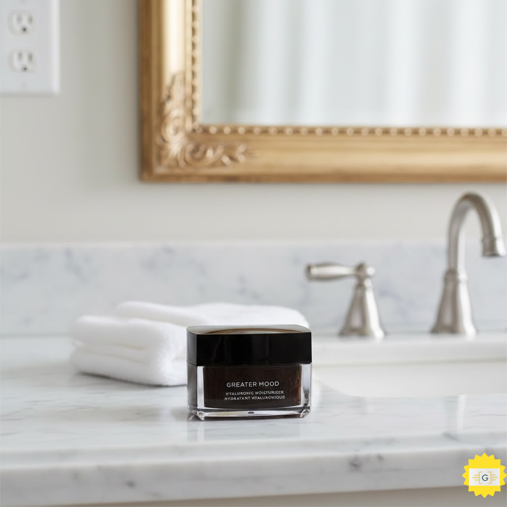 Greater Mood Hyaluronic Moisturizer cream in a luxury jar on a clean beautiful bathroom countertop for deep skin hydration.