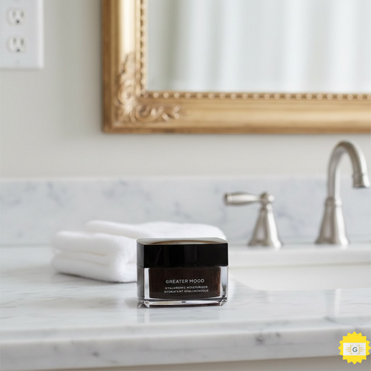 Greater Mood Hyaluronic Moisturizer cream in a luxury jar on a clean beautiful bathroom countertop for deep skin hydration.
