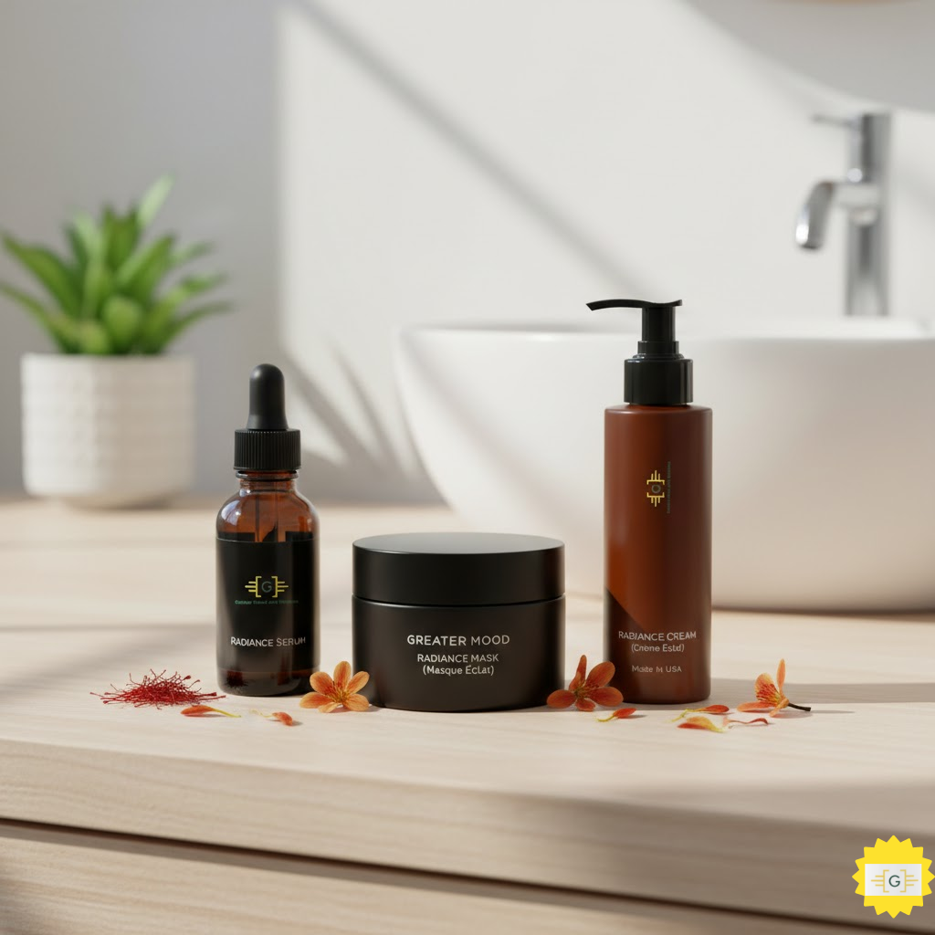 Greater Mood Products on a bathroom counter top Transform Skin Texture and Radiance