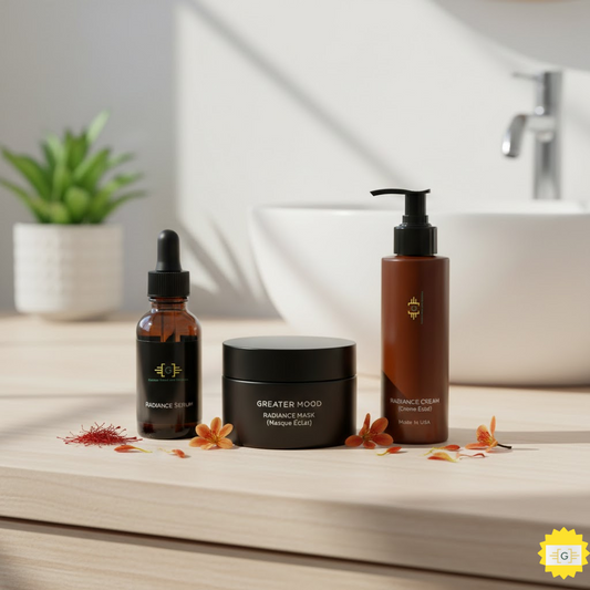 Greater Mood Products on a bathroom counter top Transform Skin Texture and Radiance