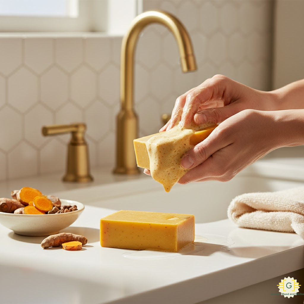 Two hands holding Greater Mood Turmeric Soap  under faucet
