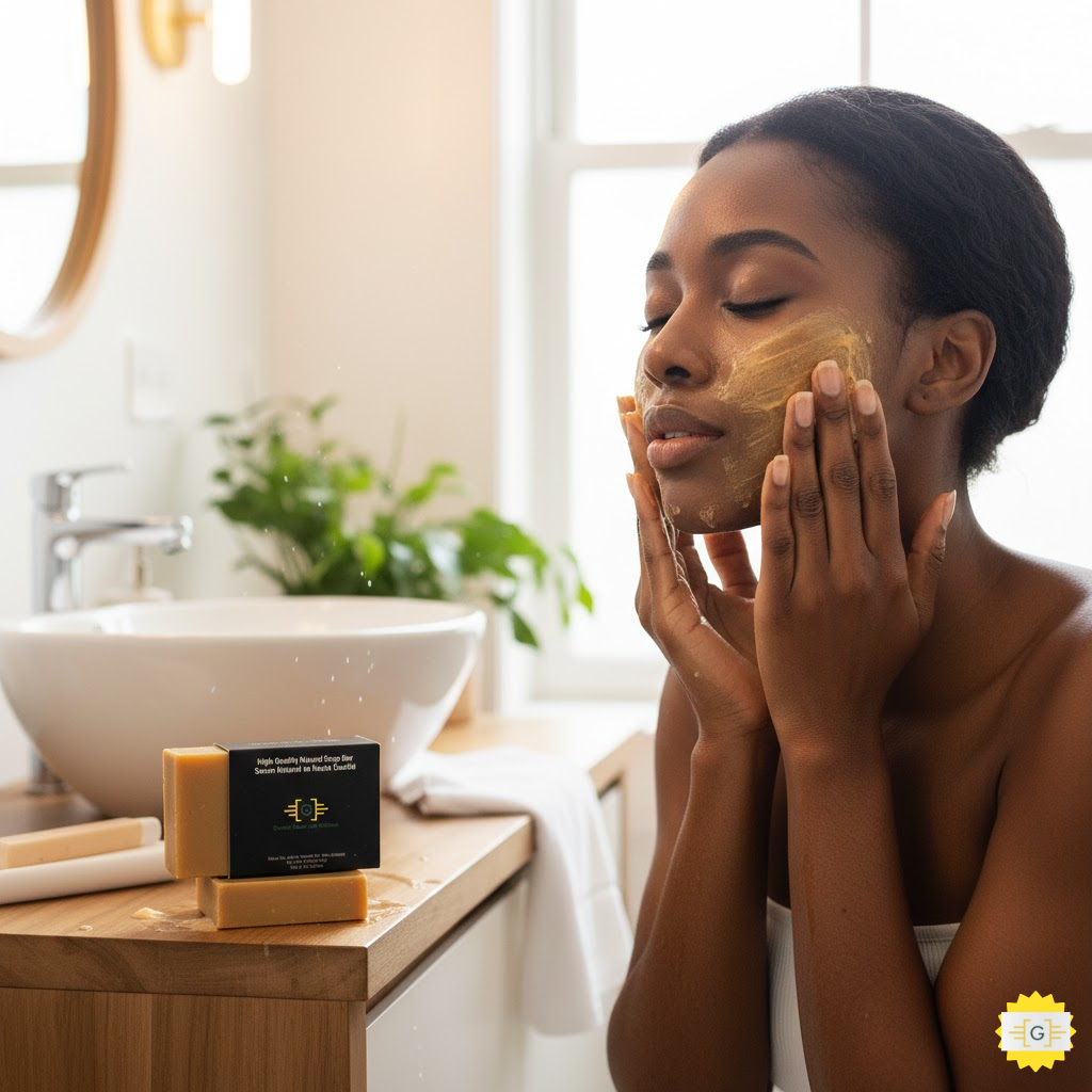 Lady using Greater Mood Turmeric Soap to watch her face