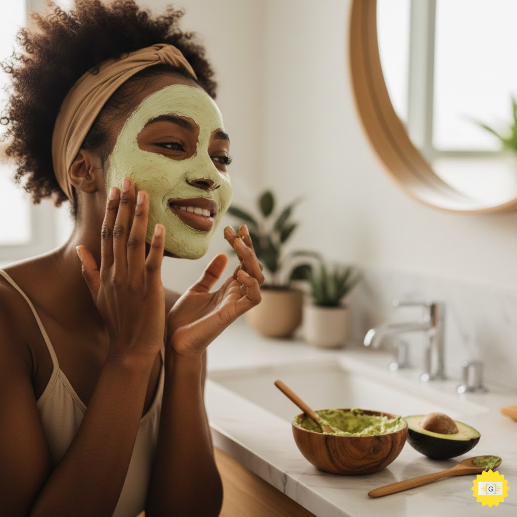 Woman applying a DIY avocado face mask for skin hydration