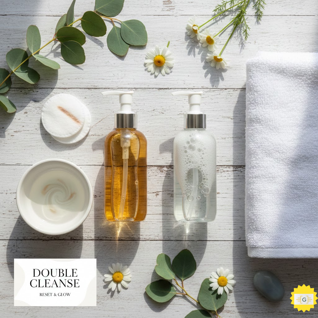 Skincare products along with a white towel on a surface