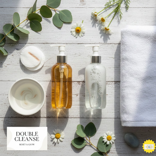 Skincare products along with a white towel on a surface