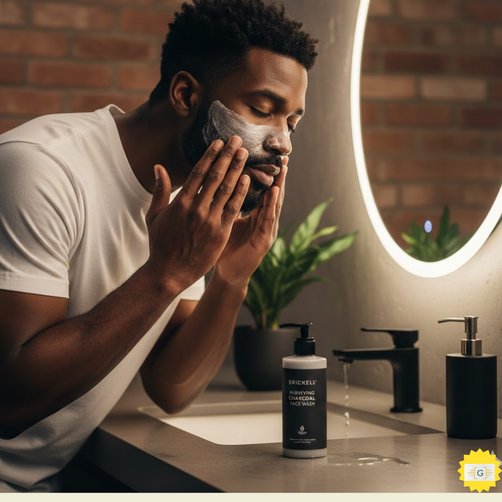 Man using Best natural face cleanser for men on a bathroom counter.