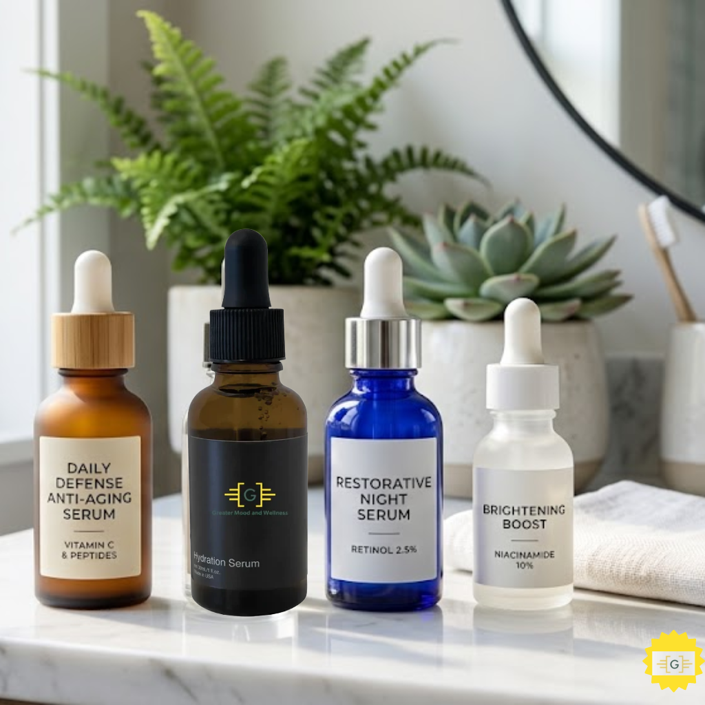 Bottles of skincare serums on a counter top