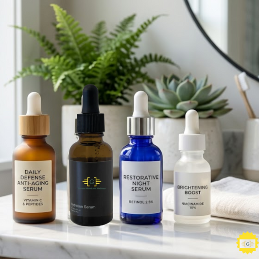 Bottles of skincare serums on a counter top