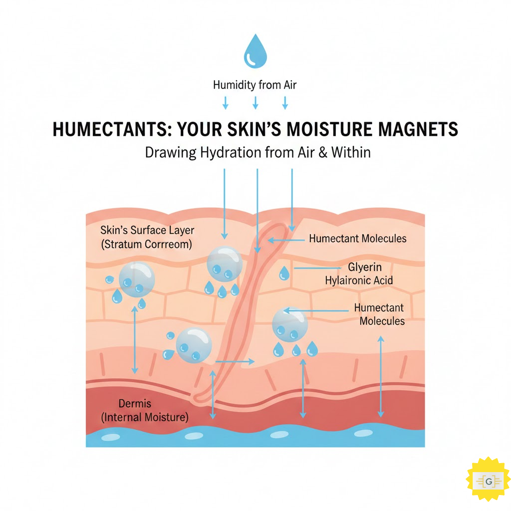 Infographic showing how humectants like glycerin and hyaluronic acid pull moisture into the skin barrier for hydration.