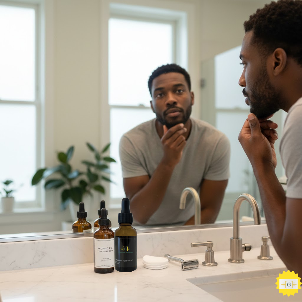 Man looking in mirror with salicylic and glycolic acid on a clean beautiful bathroom counter top