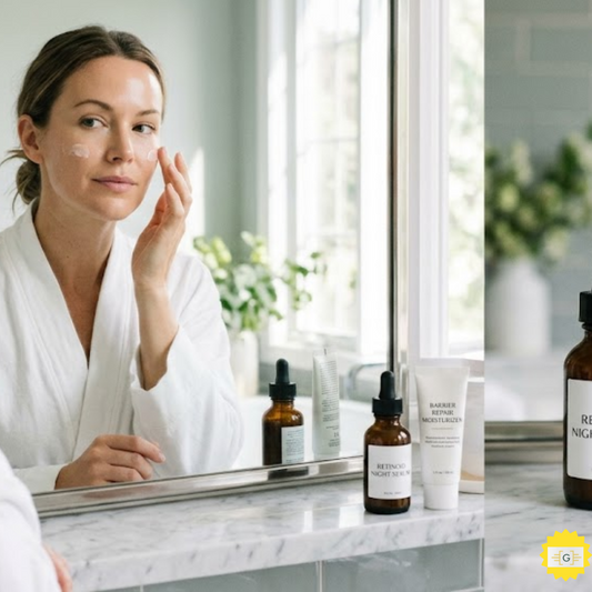 a woman applying skincare Retinoid Night Serum 