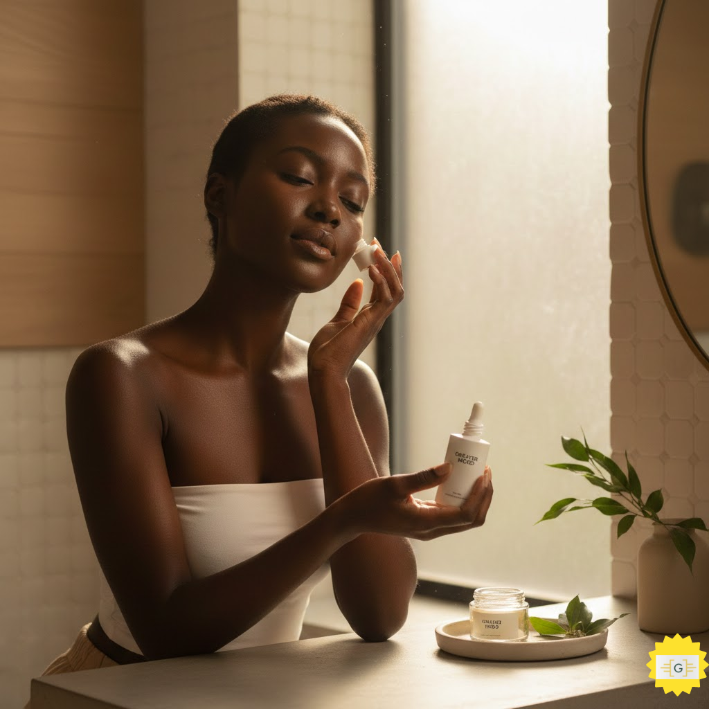 Woman in a clean beautiful bathroom using Greater Mood skincare products