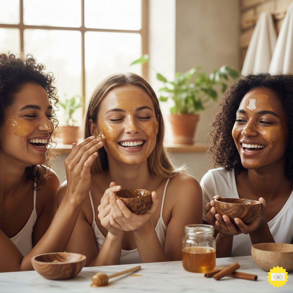 3 women using honey and Cinnamon Mask for Acne 