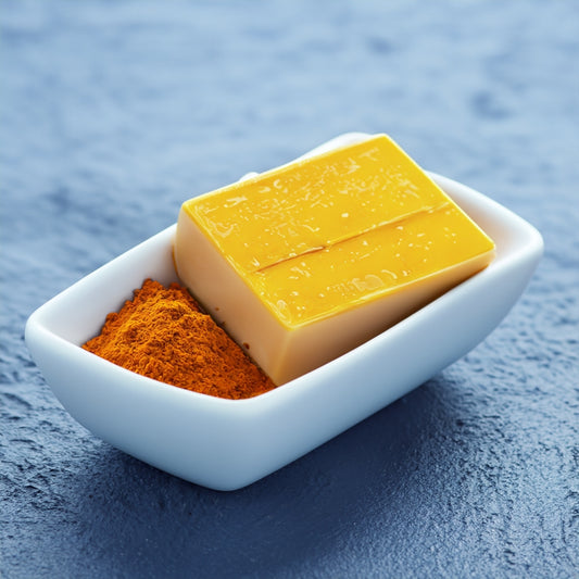 white soap dish with turmeric power and a turmeric soap bar