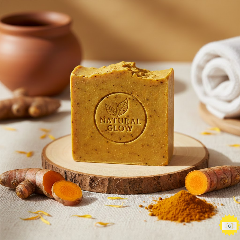 Turmeric soap bar on wodden surface