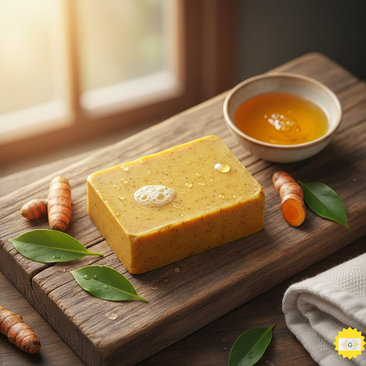 Turmeric soap  and peices of turmeric on a woodden surface