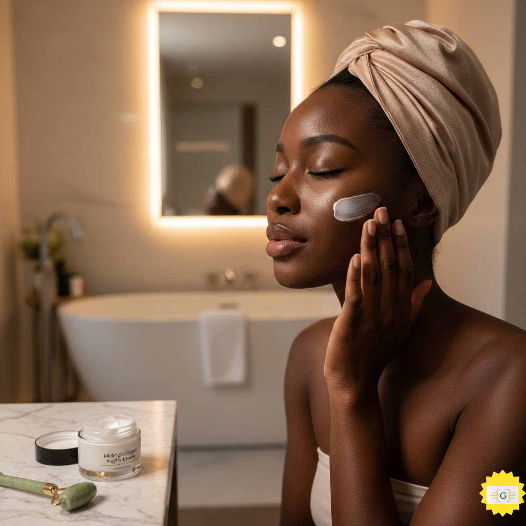woman in a clean beautiful bathroom using night cream