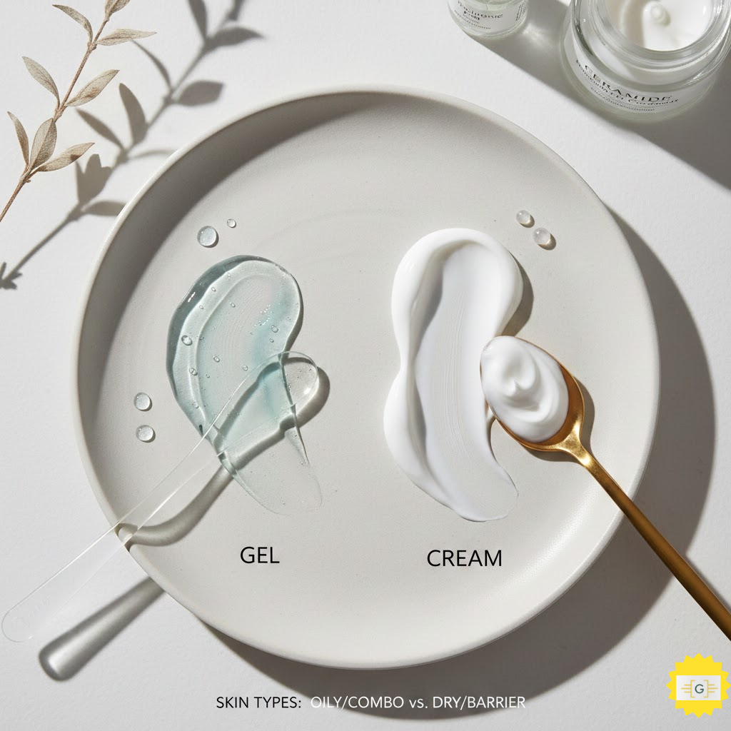 Comparison of gel vs cream moisturizer textures for different skin types featuring hyaluronic acid and ceramides.