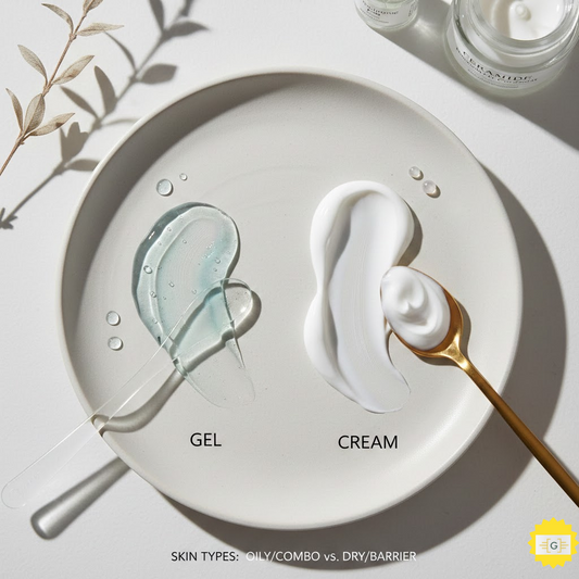 Comparison of gel vs cream moisturizer textures for different skin types featuring hyaluronic acid and ceramides.