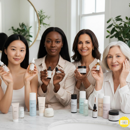 Multi racial women different age range with skincare products